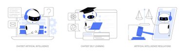 Makine soyut konsept vektör çizimi seti. Chatbot yapay zekası, sanal asistan öğrenimi, yapay zeka hukuku düzenlemeleri, dil işleme metaforu.