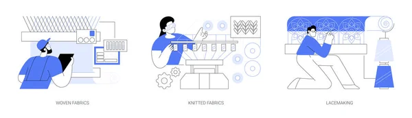 Textile Manufacturing Abstract Concept Vector Illustration Set Woven Knitted Fabrics — Stockový vektor