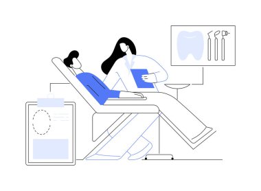 Diş tedavisi soyut konsept vektör çizimi. Diş sağlığı kliniği, diş bakımı, bakımı aracı, diş hekimi koltuğu, diş ağrısı acil yardımı, ortodontik prosedür soyut metaforu.