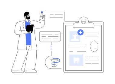 Diş hekimi kartı soyut konsept vektör çizimi. Referans kartı sahibi, dişçi ofisi sadakat programı, elektronik tıbbi kayıt, hasta verileri, akıllı bilgi sistemi soyut metaforu.
