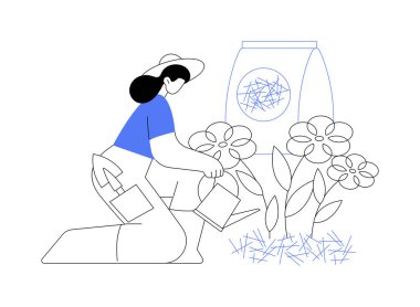 Bitkilerin soyut konsept vektör çizimi. Toprak örtüsü, bitki koruması, ot kontrolü, nem, bahçe yatağı, ahşap kırıntıları, peyzaj kumaşı, dekoratif gübre soyut metaforu.