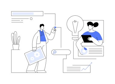 SEO optimizasyonu soyut konsept vektör çizimi. Arama motorları sayfa sıralaması, çevrimiçi dijital pazarlama araçları, anahtar sözcük optimizasyonu, bağlantı oluşturma, ölçüm ve soyut metafor raporlama.