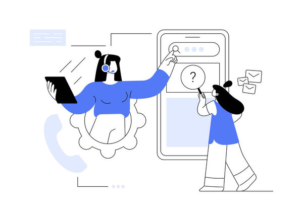 Абстрактная векторная иллюстрация колл-центра. Управление системой вызовов, виртуальным справочным центром, точкой обслуживания клиентов, поддержкой продуктов, маркетинговыми исследованиями и абстрактной метафорой программного обеспечения.