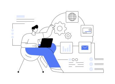 Bulut yönetimi soyut konsept vektör çizimi. Bulut hesaplama stratejisi, dağıtılmış sistem yönetimi, veri depolama servisi, işletim merkezi, kamusal bilgi soyut metaforu.