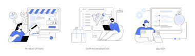 Online alışveriş sitesi soyut konsept vektör illüstrasyon seti. Ödeme seçenekleri, nakliye bilgileri, teslimat servisi, alışveriş arabası, kredi kartı, sipariş işleme, hızlı posta soyut metaforu.
