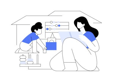 Ev içi kreş soyut konsept vektör çizimi. Evde bakım hizmeti, çocuk bakımı, temizlikçi, çocuklara yardım, günlük bakım, erken eğitim, bebek soyut metaforu için dadı.