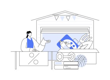 Garaj satışı soyut konsept vektör çizimi. Bit pazarı, ikinci el mallar, garaj satışı günü, eski giysiler hediye, kullanılmış envanter, ikinci el satış soyut metafor..