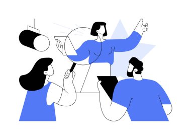 Rol seçmeleri soyut konsept vektör çizimi. Aktör seçmeleri, oyunculuk becerileri gösterisi, görüntü yönetmeliği, ana oyuncu seçimi, yetenek araması, tanıtım röportajı, başrol metaforu.