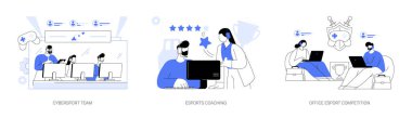 E-oyunlar, soyut konsept vektör illüstrasyon seti. Siber spor takımı performansı, ihracat koçluğu, ofis esport yarışması, bilgisayar kulübü, savaş alanı, canlı yayında soyut metafor..