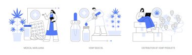 Tıbbi kenevir soyut konsept vektör çizimi seti. Tıbbi marihuana, kenevir tohumu yağı, kenevir ürünlerinin dağıtımı, kanser ağrısı giderici, sativa bitkisi eczanesi, CBD yağ kullanımı soyut metafor.