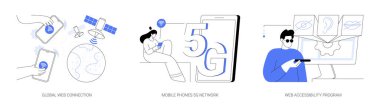 Küresel ağ iletişimi soyut konsept vektör çizimi seti. Küresel web bağlantısı, cep telefonları 5G ağı, web erişilebilirlik programı, uydu, GPS teknolojisi soyut metafor.