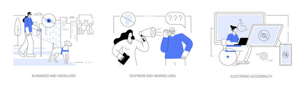Communication technology for disabled people abstract concept vector illustration set. Blindness and vision loss, deafness, electronic device accessibility, hearing problem abstract metaphor.