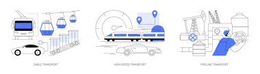 Taşıma kipleri soyut konsept vektör illüstrasyon seti. Kablo taşımacılığı, yüksek hızlı ve boru hattı taşımacılığı, turist taşıyan troleybüs, kayak pistleri, tren istasyonu soyut metaforu.