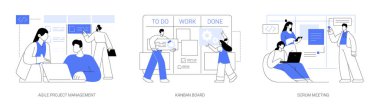 Software development planning abstract concept vector illustration set. Agile project management, kanban board, stand up scrum meeting in office, manage IT project, teamwork abstract metaphor.
