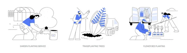 Landschapsontwerp Aanplant Abstract Concept Vector Illustratie Set Tuinbeplanting Boomtransplantatie Bloembed — Stockvector
