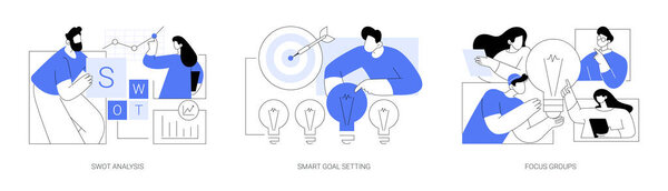 Business analysis instruments abstract concept vector illustration set. SWOT analysis, SMART goal setting, focus groups, IT company team, project management, brainstorming abstract metaphor.