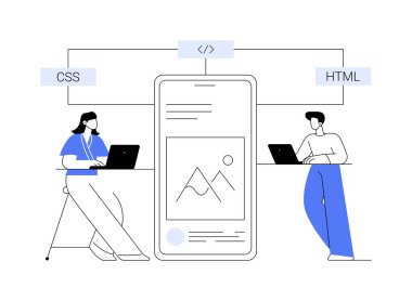 Melez mobil uygulama soyut konsept vektör çizimi. Yazılım uygulaması, doğal uygulama ve web uygulaması, kaynak kod, hedef platform, çevrimdışı çalıştır, tasarım kılavuzları soyut metafor.