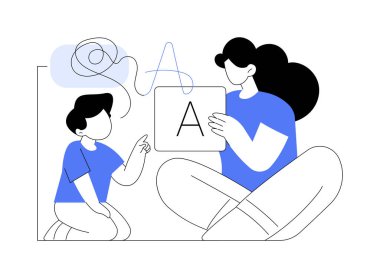 Konuşma terapisi soyut konsept vektör çizimi. Konuşma patolojisi terapisi, dili geliştirme, gelişim gecikmesi, konuşma bozukluğu tedavisi, evde yapılan soyut metaforda dil egzersizi.