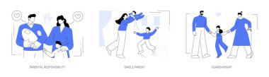 Çocuk velayeti konsept vektör çizimi seti. Ebeveynlik sorumluluğu, tek ebeveyn, vasilik, sosyal roller, çocuk bakımı, koruyucu ebeveynlik, yasal vasi otoritesi soyut metafor.