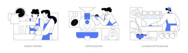 Coffee shop abstract concept vector illustration set. Barista training, beans roastery, cleaning coffee machine, hot espresso and cappuccino, cafe appliance, horeca business abstract metaphor.
