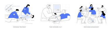 Medical toxicology abstract concept vector illustration set. Overdose treatment, toxic exposure help, nurse makes injection, drug abuse management, emergency room in hospital, abstract metaphor.