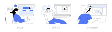 Online teaching features abstract concept vector illustration set. Join virtual classroom, create class, teaching software interface, online class access code, distance training abstract metaphor.