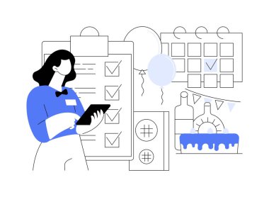 Olay yönetimi soyut konsept vektör çizimi. Kurumsal parti planlama servisi, etkinlik yönetimi yazılımı, toplantı organizatörü, yapım şirketi, mekan tasarımı, program soyut metaforu.