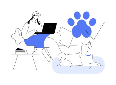 Köpekler, soyut konsept vektör illüstrasyonunu dost edindi. Köpek dostu restoran, köpekleri gezdirmek için özel bir alan, hoş geldin tabelası, hayvanları kabul eden otel, evcil hayvan metaforuyla alışveriş..