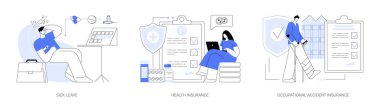 Sosyal sigorta soyut konsept vektör çizimi seti. Hastalık izni, sağlık sigortası, iş kazası sigortası, endüstriyel kaza, ücretli günler, sağlık giderleri, soyut metafor.