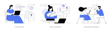 Searching employees abstract concept vector illustration set. Talent search, select candidates, interviewing a candidate, open vacancies, human resources, headhunting agency abstract metaphor.