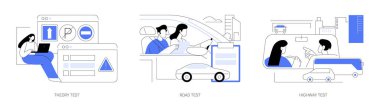 Ehliyet sınavları soyut konsept vektör illüstrasyon seti. Eğitmenle teori ve yol testleri, otoyol ehliyet sınavını geçmek, trafik kuralları bilgisi, şehir yolu metaforu.