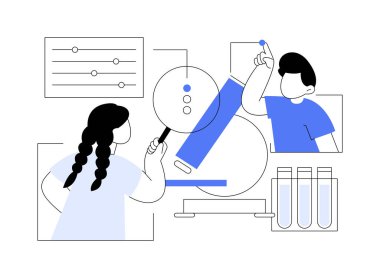 Bilim kampı soyut konsept vektör çizimi. Bilim yaz kampı, genç bilim adamları dersleri, laboratuvar testleri, çocuklar için tematik tatil, açık hava çalışmaları, soyut metafor deneyleri..