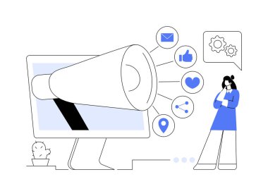 Çevrimiçi pazarlama soyut konsept vektör çizimi. Dijital pazarlama, çevrimiçi satışlar, sosyal medya stratejisi, SEO optimizasyonu, ecommerce, ajans hizmeti, internet reklamcılığı soyut metaforu.