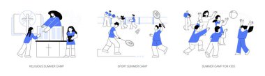 Aktif yaz mevsimi soyut konsept vektör çizimi seti. Dini yaz kampı, spor yaz kampı, sanal sanal program, yeni arkadaşlarla tanışma, izci kampı, soyut metaforları sosyalleştirme..