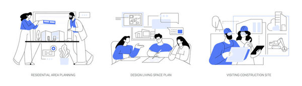 Private house building abstract concept vector illustration set. Residential area planning, design living space, architects visiting construction site, real estate project abstract metaphor.