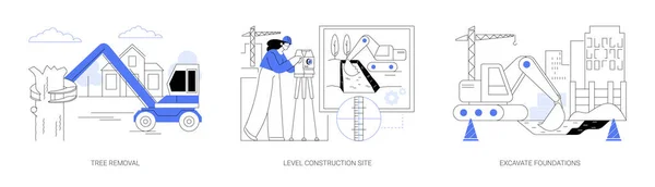 Trabajos Excavación Sitio Construcción Abstracto Concepto Vector Ilustración Conjunto Eliminación — Vector de stock