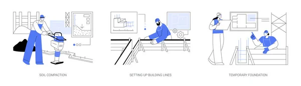 Wohngebiet Gebäude Prozess Abstrakte Konzept Vektor Illustration Gesetzt Bodenverdichtung Aufbau — Stockvektor