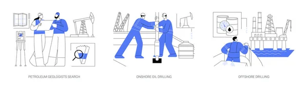 石油勘探抽象概念矢量图集 石油地质学家搜寻 陆上石油钻探 海上钻机 地球物理勘测 化石和天然气工业的抽象比喻 — 图库矢量图片