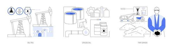 提取石油的抽象概念矢量图集 石油钻井平台 桶中原油 焦油砂 化石勘探 天然气工业 沥青和糖蜜抽象隐喻 — 图库矢量图片