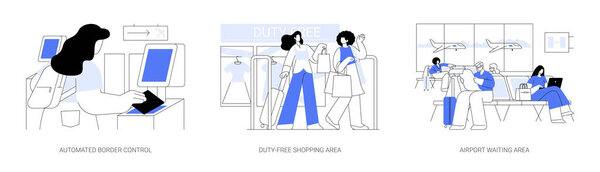 Airport environment abstract concept vector illustration set. Automated border control, duty free shopping area, airport waiting area for passengers, international terminal abstract metaphor.