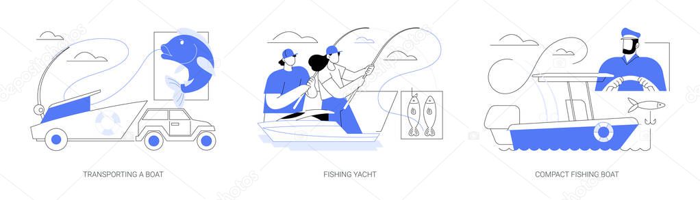 Fishing boat abstract concept vector illustration set. Transporting a boat with trailer, fishing yacht, personal vessel, sailing activity, hobby and recreation, water transport abstract metaphor.