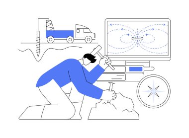 Jeofizik soyut konsept vektör çizimi. Coğrafi araştırma, toprak bilimi, uygulamalı jeofizik, üniversite kursu, jeoloji araştırması, elektromanyetik keşif metodu soyut metafor..