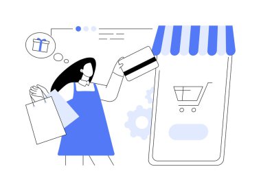 Çevrimiçi alışveriş soyut konsept vektör çizimi. E-ticaret platformu, çevrimiçi alışveriş sitesi, İnternet mağazası, mobil uygulama, dijital ürün kataloğu, mal teslimatı soyut metaforu.