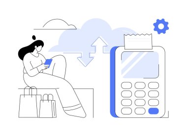 Cloud POS soyut konsept vektör çizimi. Perakende yazılımı, bulut tabanlı POS, satış yönetimi, satış noktası, satış ve işlem veri deposu, EPOS ekipmanı soyut metaforu.