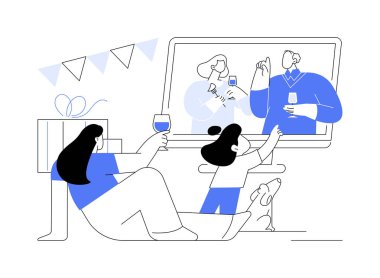 Çevrimiçi aile partisi soyut konsept vektör çizimi. Sanal ev partisi, aileler ve çocuklar, zoom 'da mutlu aile toplantısı, web video görüşmesi, uzaktan iletişim, tatil soyut metaforu.