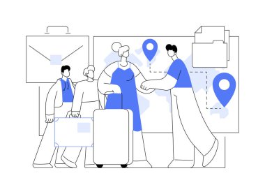 Mesleki göçler soyut konsept vektör çizimleri. Başvuru formu, iş ve seyahat, mülteci kalabalığı, çocuk göçmen işçiler, yabancı vatandaşlar, soyut metafora ulaşan insanlar.