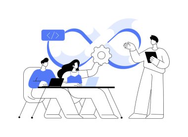 DevOps takımı soyut konsept vektör çizimi. Yazılım geliştirme ekibi üyesi, çevik iş akışı, DevOps takım modeli, IT takım çalışması, proje yönetimi, bütünleşik uygulama soyut metaforu.