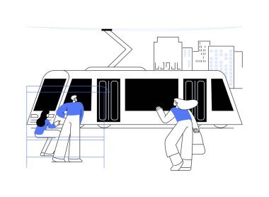 Tram soyut konsept vektör çizimi. Elektrikli tramvay, ekoloji ortamı, sürdürülebilir şehir ulaşımı, demiryolu araçları, kamu araçları soyut metaforu bekleyen bir grup insan..