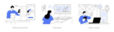 UX tasarım hizmetleri soyut konsept vektör illüstrasyon seti. Etkileşimli prototipler, görsel tasarım, kullanılabilirlik testi, kullanıcı deneyimi, stil rehberi oluşturma, yazılım geliştirme soyut metaforu.