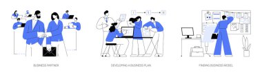Başlangıçta soyut konsept vektör çizimi için para toplanıyor. İş ortağı, iş planı geliştirme, model ve yatırım stratejisi bulma, işbirliği ve soyut metafor.